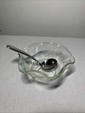 Vintage Wm Rogers & Son clear glass condiment bowl & World Stainless Spoon